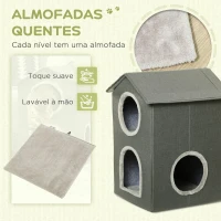 PawHut Casa para Gatos de 2 Níveis Cama para Gatos Caverna para Gatos com 3 Portas e Almofadas Laváveis 42x46x59,5 cm Cinza(m-5)