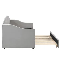 Upholstered Single Sofa Bed with Trundle, Velvet Sofa Bed Sleeper with Scalloped Cushions, 202x190x95 cm, Gray(m-14)