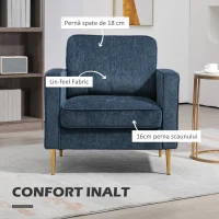 HOMCOM Fotoliu Tip Scaun Modern, Fotoliu Tapițat cu Picioare din Oțel și Buzunare Laterale, 81x84x87 cm, Albastru(m-4)