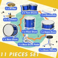 AIYAPLAY 11-Piece Kids Drum Kits w/ Stool, Drumsticks, Pedal, Cymbals, for 3-6 Years, Blue(m-5)
