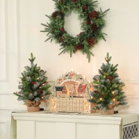 HOMCOM Set of Two 2ft Christmas Trees, with Lights, Berries and Pinecones(m-10)