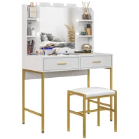 HOMCOM Dressing Table with Lighted Mirror, Cushioned Stool, Drawers, Shelves, LED Makeup Vanity Desk Set, Modern Dresser Vanity Table for Bedroom, White(m-1)