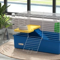 PawHut Chinchillas Small Rabbit Guinea Pig Small Animal Cage, Pet Playhouse, with Platform, Ramp, 71 x 46 x 47cm, Blue(m-9)