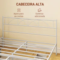 HOMCOM Cama de Casal 135x190 cm Com Cabeceira de Ripas de Aço e Espaço de Arrumação Debaixo da Cama Carga 330 kg Branca(m-4)