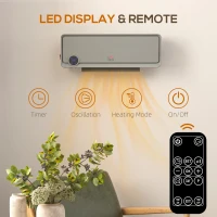 HOMCOM Wall Downflow Heater 2 Heat and Fan 1000W/2000W, Electric Space Heater with Timer Remote Oscillating, for Bedroom Home Office, Grey(m-5)