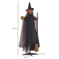HOMCOM Dekoracja na Halloween Czarownica z miotłą, świecące oczy, straszne dźwięki, elastyczne ramiona, 107x65x190 cm(m-3)