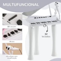 AIYAPLAY Piano Eletrónico para Crianças com 32 Teclas Microfone Luzes 22 Músicas 4 Tons e Volume Ajustável 37x30,5x60,4 cm Branco(m-4)