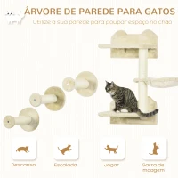 PawHut Conjunto de Prateleiras de Parede para Gatos de 4 Peças com 3 Postes de Sisal Rede e 1 Plataforma para Saltar de 3 Níveis Bege(m-4)