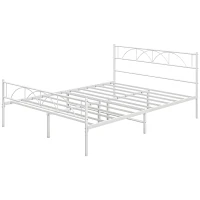 HOMCOM Cama de Casal 135x190 cm Com Cabeceira de Ripas de Aço e Espaço de Arrumação Debaixo da Cama Carga 330 kg Branca(m-11)