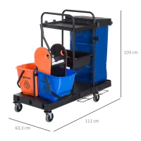 HOMCOM Carro de Limpeza Professional com Escorredor de Alavanca com 3 Prateleiras e 2 Baldes de 18L Bolsa com Tampa Rodas 111x63,3x103cm Preto Azul e Laranja(m-3)