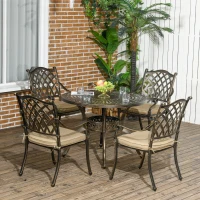 Outsunny 4 Seater Outdoor Dining Set Antique Cast Aluminium Garden Furniture Set with Cushions Round Dining Table with Parasol Hole, Bronze(m-10)