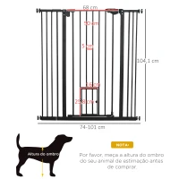 PawHut Barreira de Segurança para Cães com Porta Pequena Fechamento Automático e Sistema Duplo de Bloqueio 74-101x104,1 cm Preto(m-3)