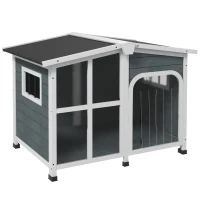 PawHut Casa para Cães de Madeira com Teto Abatível Porta com Cortina e Fundo Amovível 101x66,5x70,5cm Cinza Escuro(m-10)