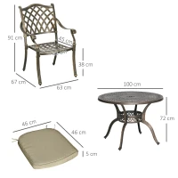 Outsunny 4 Seater Outdoor Dining Set Antique Cast Aluminium Garden Furniture Set with Cushions Round Dining Table with Parasol Hole, Bronze(m-3)