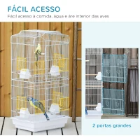 PawHut Gaiola para Passáros Gaiola de Metal com Portas 4 Comedouros 3 Poleiros Baloiço Bandeja Removível e Alça de Transporte para Papagaio Canário Periquito 46,5x35,5x92cm Branco(m-4)