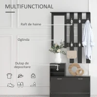 HOMCOM Dulap pentru Intrare Cuier cu Pantofar si Oglinda, Rafturi si Sertar, Dulap Cuier din PAL, 90x10x91 cm, Negru(m-4)
