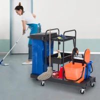 HOMCOM Carro de Limpeza Professional com Escorredor de Alavanca com 3 Prateleiras e 2 Baldes de 18L Bolsa com Tampa Rodas 111x63,3x103cm Preto Azul e Laranja(m-9)