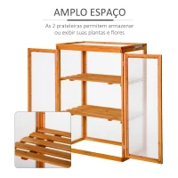 Outsunny Estufa de Jardim Estufa de Madeira e Painéis de Policarbonato com 3 Prateleiras Tampa e Portas para Plantas e Cultivos 76x47x110cm Madeira Natural(m-6)
