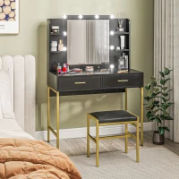 HOMCOM Dressing Table Set, with Storage and Stool - Black(m-10)