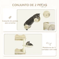 PawHut Conjunto de Prateleiras de Parede para Gatos de 4 Peças com 3 Postes de Sisal Rede e 1 Plataforma para Saltar de 3 Níveis Bege(m-5)