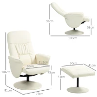 HOMCOM Swivel Recliner Chair with Footstool, PU Leather Armchair and Ottoman with High Back and Round Base for Living Room, Cream White(m-3)