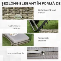 Outsunny Sezlong de Gradina din Ratan PE, Sezlong pentru Plaja cu Spatar Reglabil si perna Capitonata, 207x70x70cm, Gri(m-6)