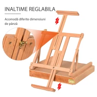 HOMCOM Șevalet din Lemn cu Sertar Inferior, Șevalet de Masă cu Înălțime și Înclinare Reglabilă, 42x36x12.5 cm, Lemn Natural(m-4)