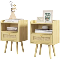 HOMCOM Set of Two Rattan Weave Bedside Tables - Wood Effect(m-11)