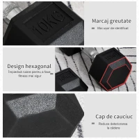 HOMCOM Set 2 gantere hexagonale de 10kg din metal si cauciuc pentru antrenamente acasa si la birou, negru(m-4)