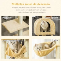 PawHut Árvore para Gatos Arranhador com Poste Ninho Cesta Rede Plataforma Casa e Escada de Veludo e Sisal Natural 54x29,5x98 cm Bege(m-5)