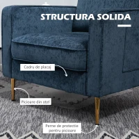 HOMCOM Fotoliu Tip Scaun Modern, Fotoliu Tapițat cu Picioare din Oțel și Buzunare Laterale, 81x84x87 cm, Albastru(m-6)