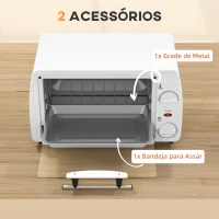 HOMCOM Mini Forno Elétrico 10 Litros 750W com Temperatura até 230 °C Temporizador 60 Minutos Bandeja e Grade 36,5x26x22 cm Branco(m-6)