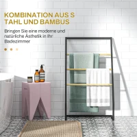 HOMCOM Stojak na ręczniki, wolnostojący, 4 pręty, 60x35x102cm, Czarny/Naturalne drewno(m-4)