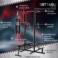 HOMCOM Power Tower con Panca e Sacco da Boxe di 20kg, Stazione Multiuso in Acciaio Nero per Allenamento Total Body(m-6)
