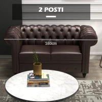 HOMCOM Divano 2 Posti stile Chesterfield con Cuscino Rimovibile, in Ecopelle, Legno e Metallo, 160x84x80 cm, Marrone(m-6)