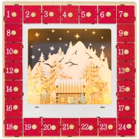 HOMCOM LED Adventskalender met Dorpstafereel, 24 Grote Lades, MDF, 34 x 7 x 34 cm, Rood(m-1)