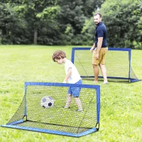 HOMCOM Set of 2 Football Goal Net 6 x 3 ft Foldable Outdoor Sport Training Teens Adults Football with Carrying Bag Blue(m-2)