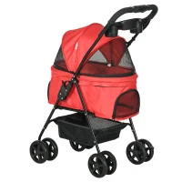 PawHut Hundebuggy Hundewagen bis 4 kg Klappbar Netzfenster Bodenkorb Becherhalter abnehmbares Dach rot 67 x 45 x 96 cm(m-12)