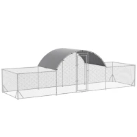 PawHut Cotet de Gaini pentru Gradina pentru 12-14 Gaini, din Otel Zincat si PE cu Copertina si Incuietoare, 600x190x195 cm, Gri Argintiu(m-12)