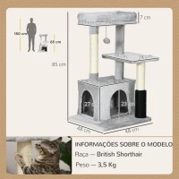 PawHut Arranhador para Gatos Médios com Casa Plataforma Bola Brinquedo Arranhador e Postes de Sisal 48x48x85 cm Cinza(m-3)