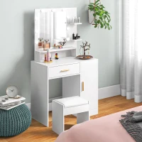 HOMCOM Toucador de Maquilhagem com Banco Mesa de Maquilhagem com Espelho LED Gavetas Prateleira Ajustável e Prateleiras Abertas Branco(m-8)