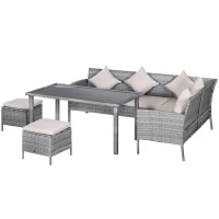 Outsunny Set Masa de Pranz din PE Ratan pentru Exterior cu 2 Canapele 1 Masuta 2 Scaune Gri(m-12)