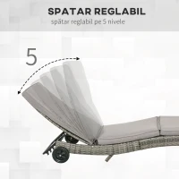 Outsunny Sezlong de Gradina din Ratan PE, Sezlong pentru Plaja cu Spatar Reglabil si perna Capitonata, 207x70x70cm, Gri(m-5)