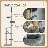 PawHut Arranhador para Gatos do Solo ao Teto de 230-250 cm  com Altura Ajustável Múltiplas Plataformas Rede Bolas Suspensas Cinza(m-6)