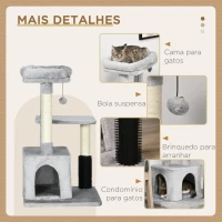 PawHut Arranhador para Gatos Médios com Casa Plataforma Bola Brinquedo Arranhador e Postes de Sisal 48x48x85 cm Cinza(m-5)