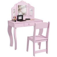AIYAPLAY Kids Dressing Table Sets with Stool and Tri-Fold Mirror, Drawer for Playroom, Bedroom - Pink(m-1)