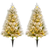 HOMCOM LED-Verlichte Kerstboom, Set van 2, 90 cm, Dennenappels, Rode Bessen, Brandveilig, Groen/Wit(m-1)