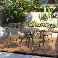 Outsunny 4 Seater Outdoor Dining Set Antique Cast Aluminium Garden Furniture Set with Cushions Round Dining Table with Parasol Hole, Bronze(m-2)