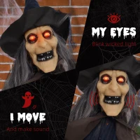 HOMCOM 6'2" Witch with Broomstick Halloween Animatronic, with Glowing Eyes(m-5)