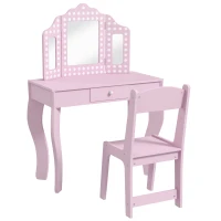 AIYAPLAY Kids Dressing Table Sets with Stool and Tri-Fold Mirror, Drawer for Playroom, Bedroom - Pink(m-11)